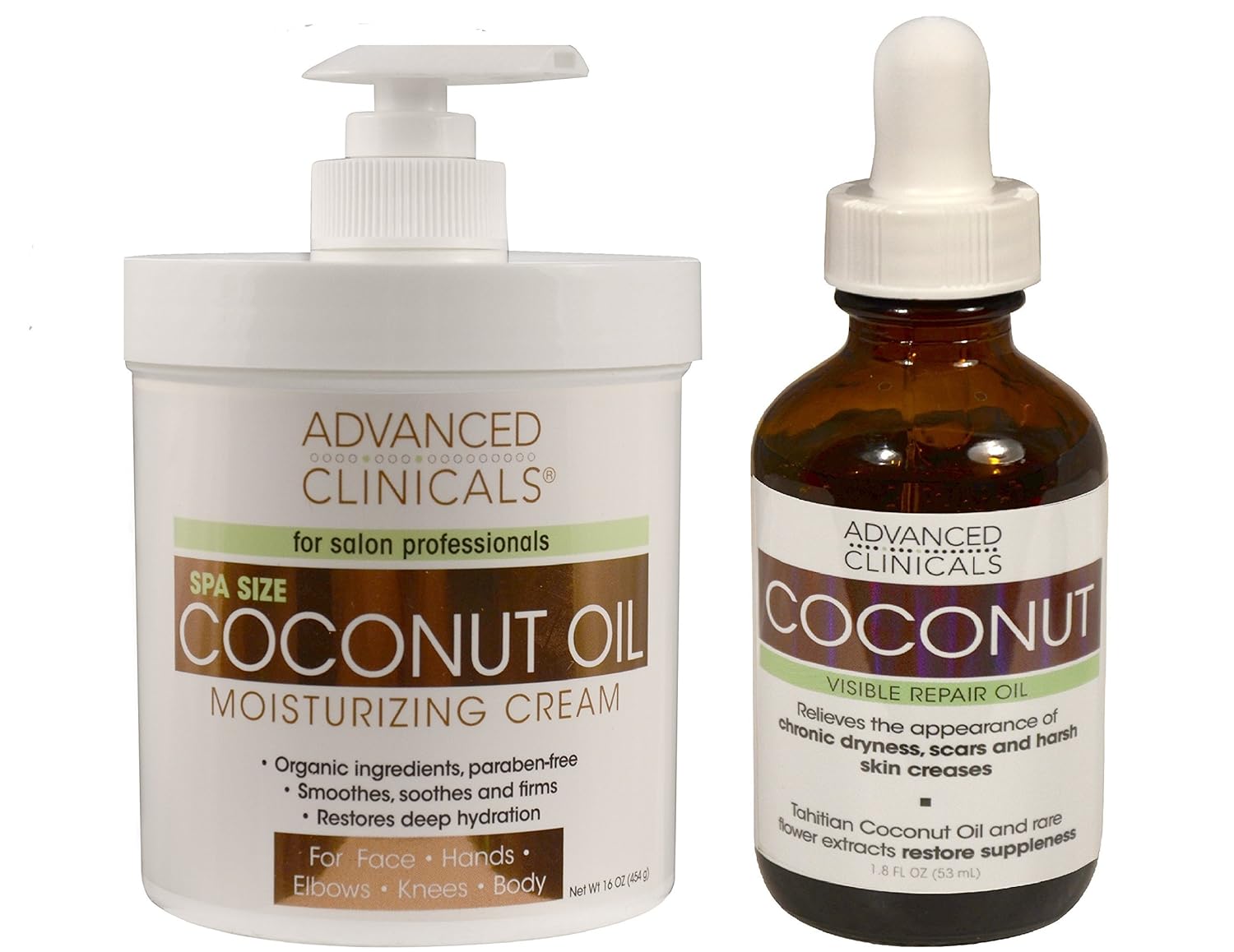 Advanced Clinicals Coconut Skin Care Value Set! 16oz Coconut Oil Moisturizing Cream and 1.8oz Coconut Face oil set. Best coconut cream and oil for face, body and hair.