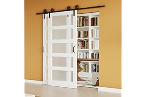 Lakenyon Bypass Barn Door, 96"(Double 48") x 84" Sliding Barn Door with 8(4 x 2) FT Sliding Bypass Barn Doors Hardware Kit, 5-Panel Glass, MDF and DIY Painted, Easy Installation - White