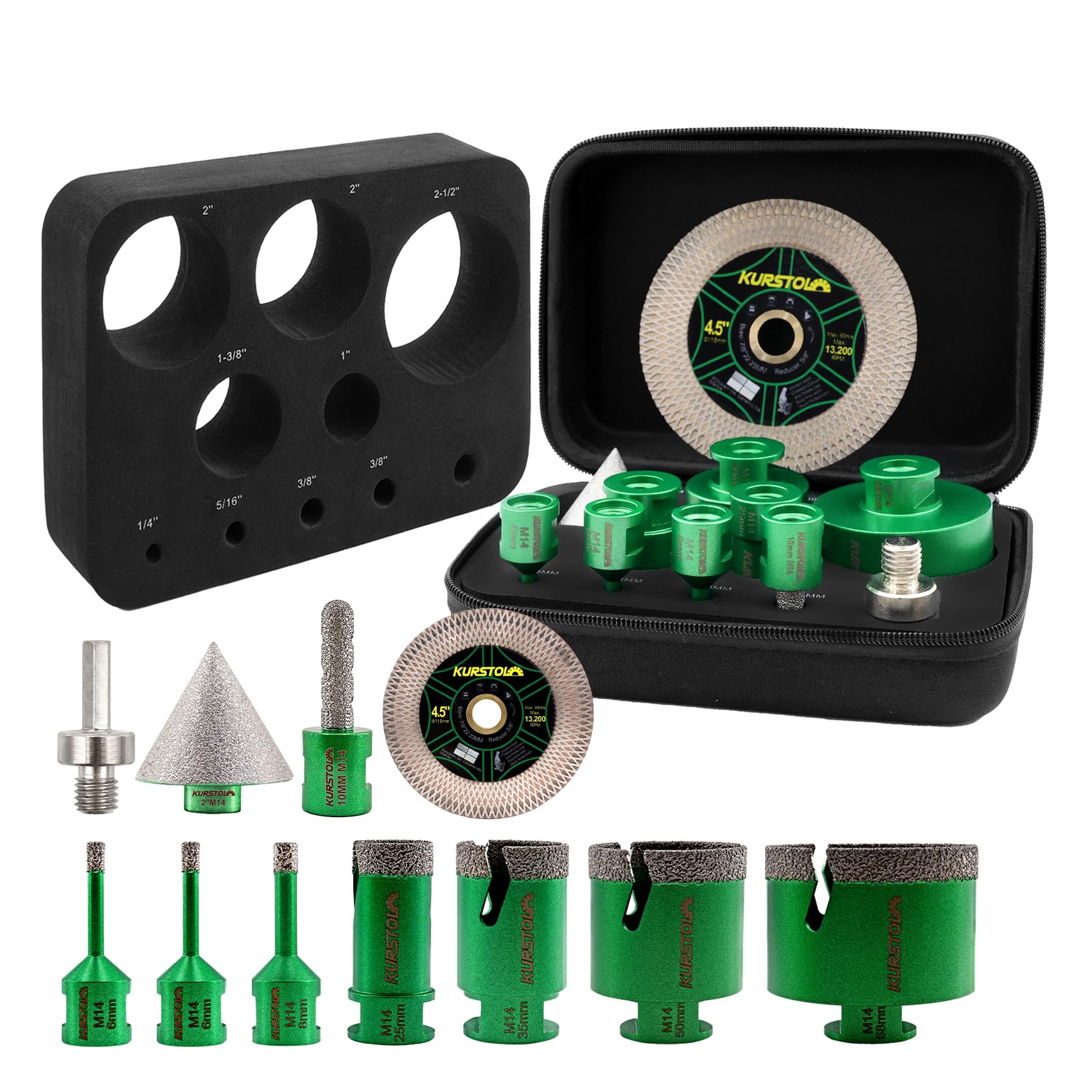 KURSTOL Diamond Core Drill Bits - 6/6/8/25/35/50/68mm+50mm Beveling Chamfer Bit+10mm Finger Milling Bit+Triangle Adapter to M14 Thread+115mm Cutting disc for Porcelain Ceramic Tile Granite Marble — image 1