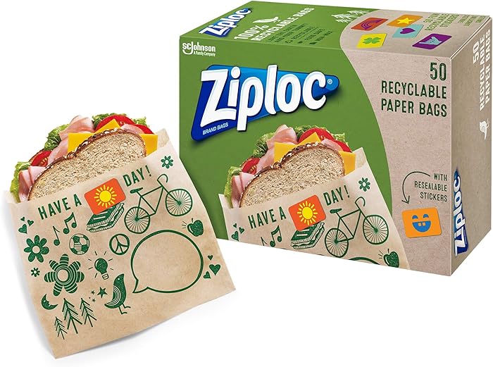 Ziploc Paper Sandwich Bags, Recyclable and Sealable with Fun Designs, 50 Count