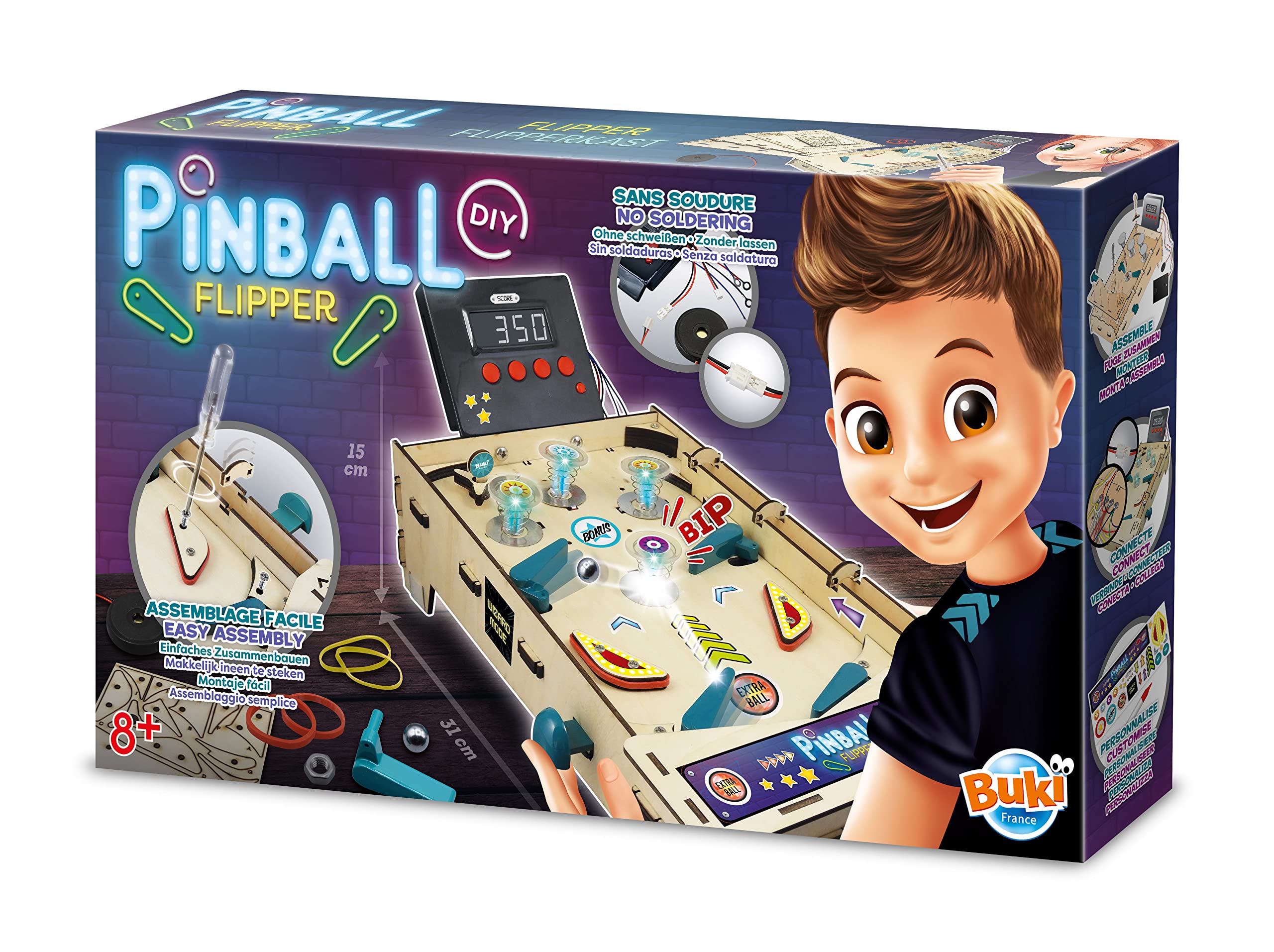 Buki Build Your Own Pinball Machine – STEM Toys Engineering Kit for Kids 8+ DIY Arcade Game with Working Flippers, Lights, Sounds & Bumpers, Electronics & Science Educational Toy