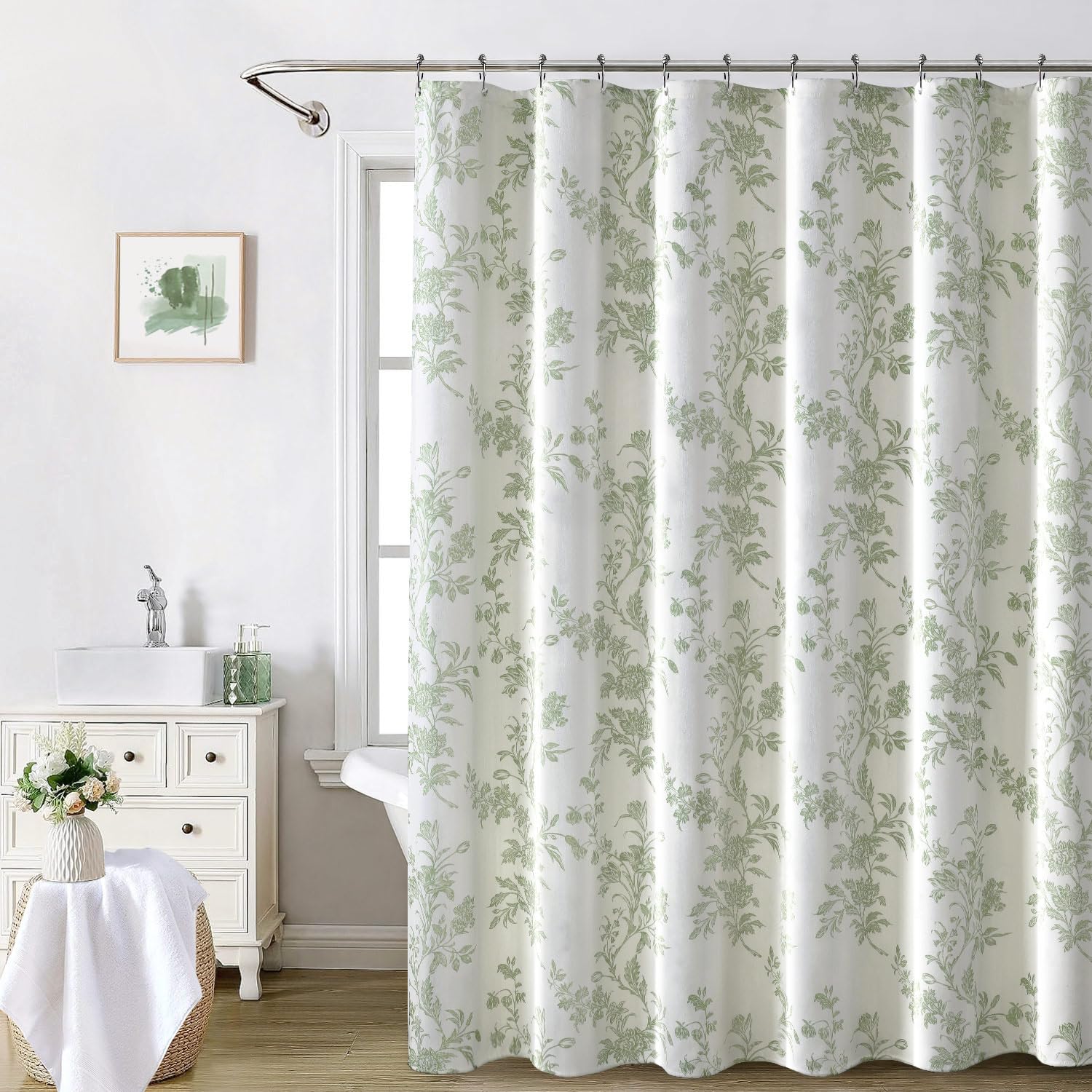 Photo 1 of Awellife Sage Green Shower Curtain,Cotton Floral Cottagecore Spring Shower Curtains for Bathroom 72" W x 72" L