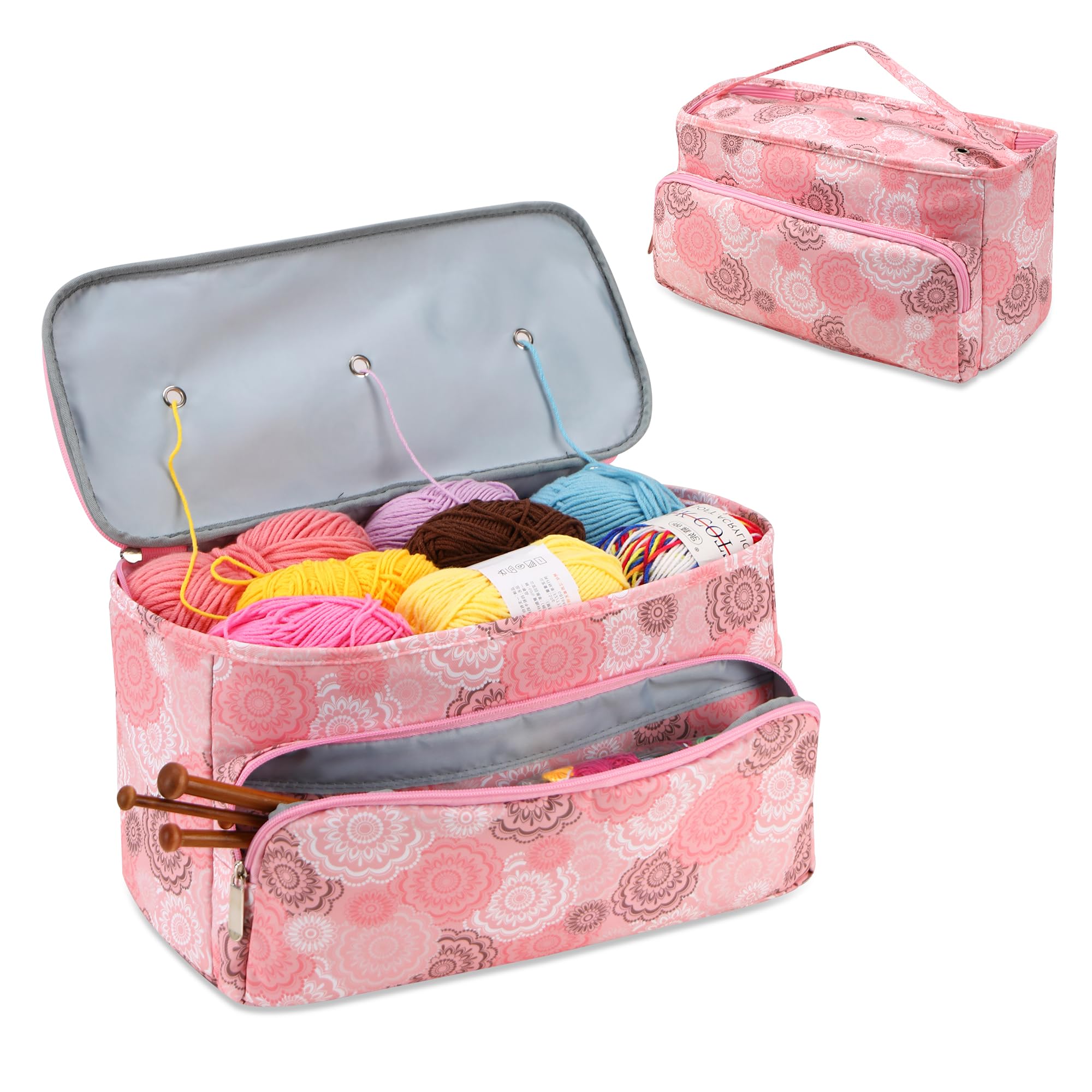 Knitting Bags and Knitting Organizers-Wool Storage Organiser for Women, Crochet Gifts for Crochet Lovers, 3 Grommets Craft Bags with Compartments （Pink）