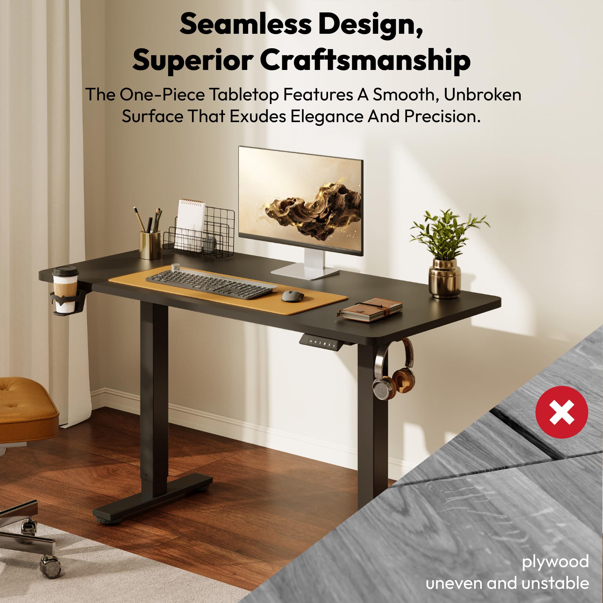 SANODESK Höhenverstellbarer Schreibtisch 110×54 cm – Kompakter Standing Desk mit praktischem Zubehör, ideal für kleine Räume, leise & sicher mit Anti-Kollisions-Schutz(schwarz) 5