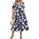 IN'VOLAND Womens Plus Size Short Sleeve Dress Summer Midi Casual Tiered V-Neck Aline Flowy Loose Dresses with Pockets