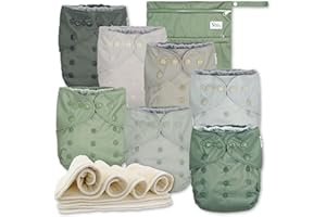 Nora's Nursery AWJ Cloth Diapers 7 Pack with 1 Wet Bag - Waterproof Cover, Washable, Reusable & One Size Adjustable Pocket Diapers for Newborns and Toddlers - Morning Dew