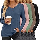 Neer 5 Pack Women's Long Sleeve Shirts, V Neck Tops Loose Fit Basic Tees Solid Trendy Fall Casual Blouses