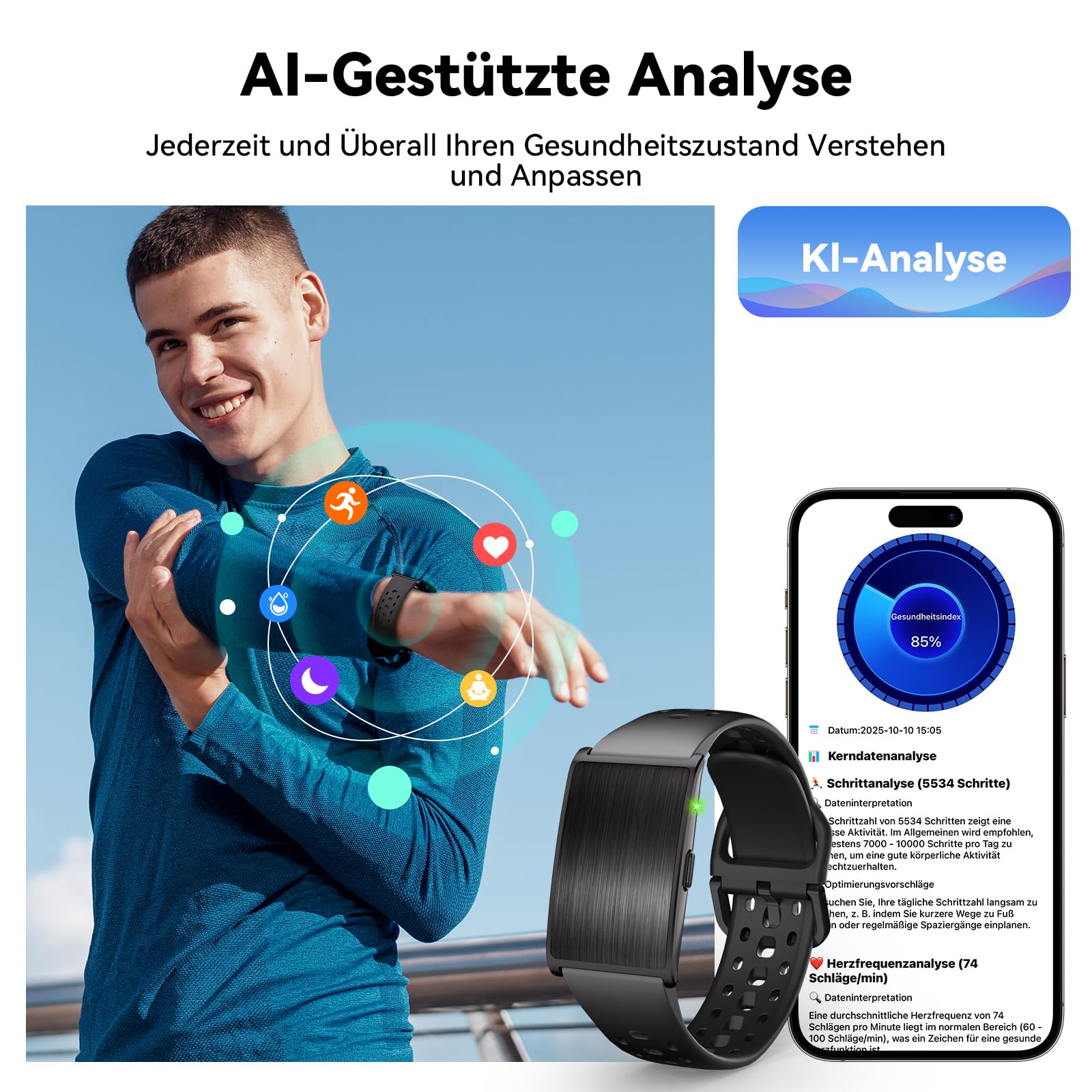 iSo Tech Fitness Tracker Damen Herren ohne Display, Smartband Smartwatch 24/7 Aktivitäts und Schlaftracker mit Herzfrequenz mit KI-Analyse, 60 Tage Akkulaufzeit, 170+ Sportmodi, Kein ABO erforderlich 8