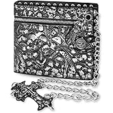 Girinme Chain Wallet Skull Gothic Punk Bifold Halloween Unisex Goth Accessories,Faux Leather-Gunmetal Black