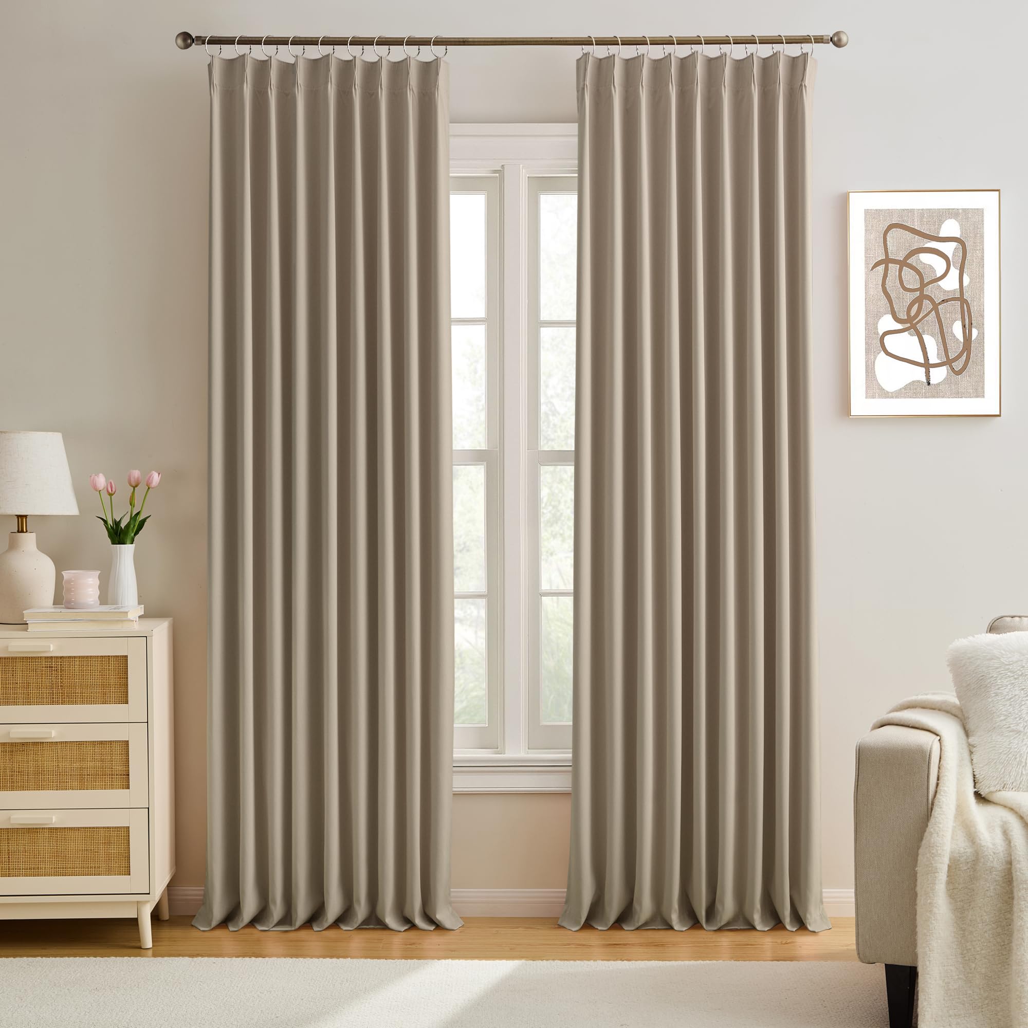 Photo 1 of KEQIAOSUOCAI 60 Wide Pinch Pleated Window Curtain Panels 102 Inches Long Custom Made Pleated Curtains Hooks Track Privacy Memory Shape Drape for Living Room,Khaki, Set of 2=120 Inch Wide