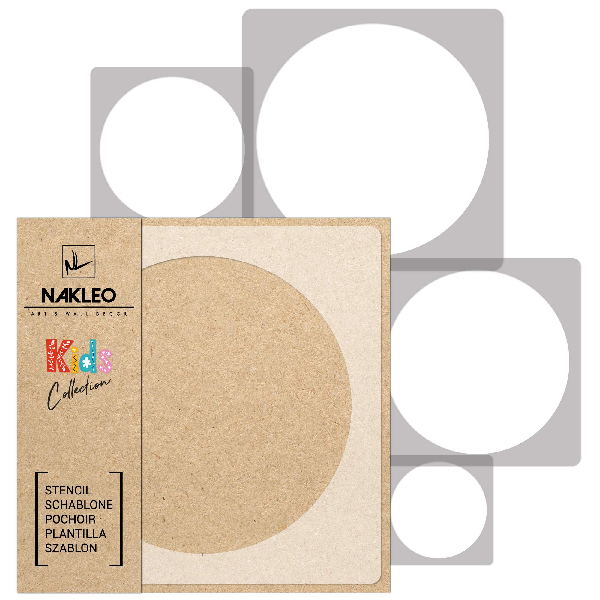 NAKLEO Painting Stencils Set for Nursery Room, 5 Pcs Templates 9x9 to 34x34cm Circle Dot Geometric, Plastic and Reusable Drawing Stencils, Decor, Craft DIY Wall Furniture