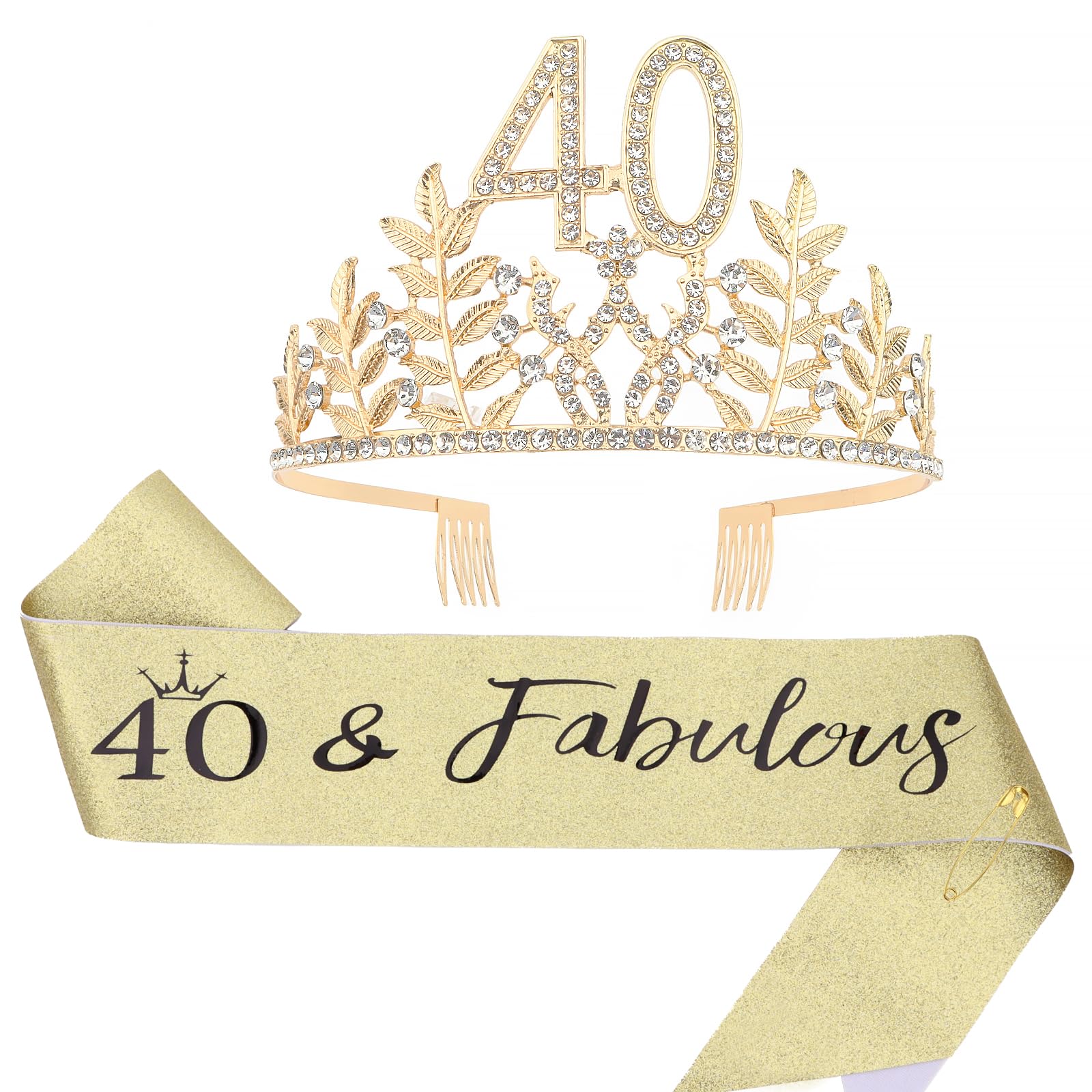 Padorul 40th Birthday Crown & Sash Set for Women - Gold Glitter Leaf Tiara & Crystal '40 & Fabulous' Sash - Elegant Birthday Party Decorations