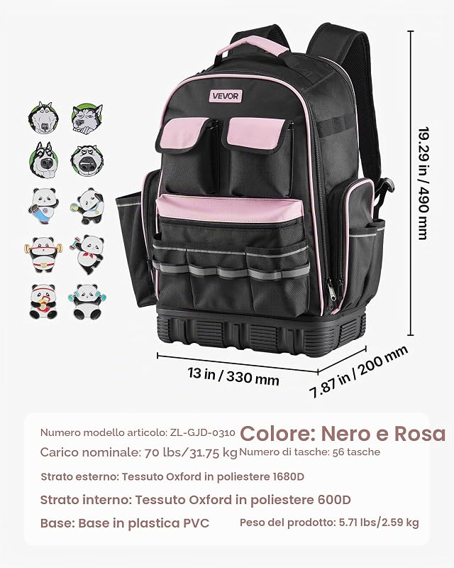 Zaino Portautensili, 56 Tasche, Organizzatore per Attrezzi Pesanti, Zaino da Lavoro con Scomparto per Laptop e Base Sagomata, Borsa da Cantiere per Elettricisti, Riparatori e Tecnici HVAC
