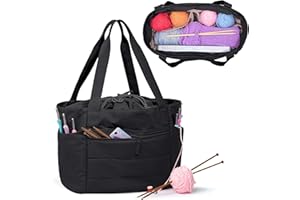 Teamoy Large Knitting Bag Tote, Puffer Yarn Storage Bag, Drawstring Crochet Bag Organizer for Yarn Skeins and Crocheting Supp