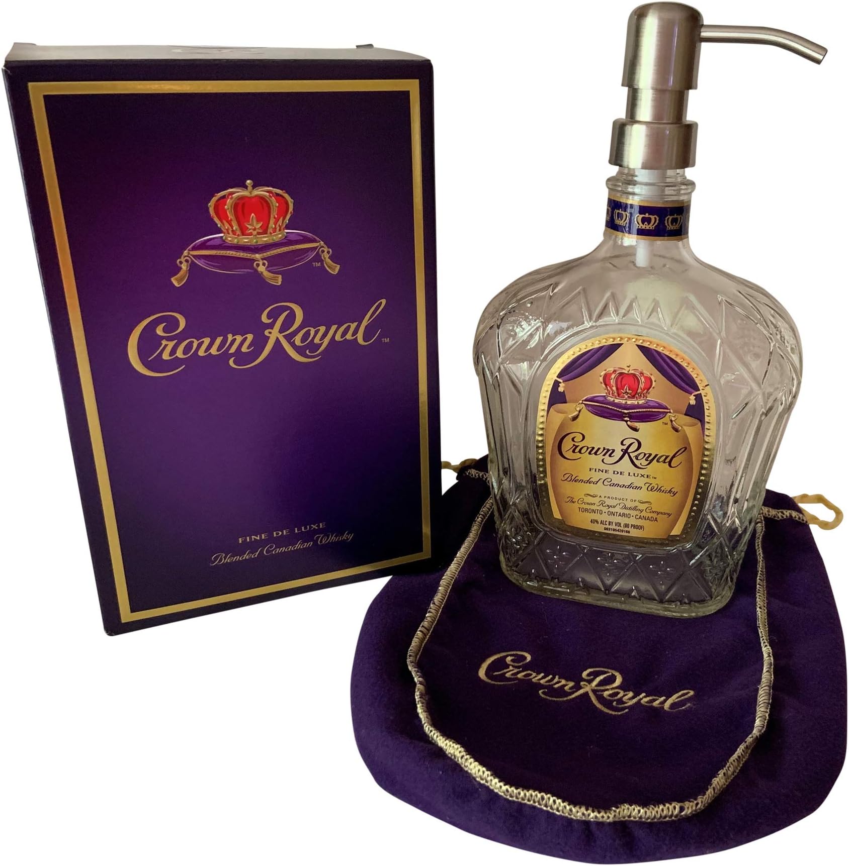 Crown Royal Whiskey Soap Lotion Dispenser Pump Complete with Box and Bag (Stainless Birdshead)