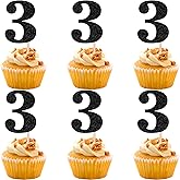 30 PCS 3rd Birthday Cupcake Toppers Glitter Number 3 Cupcake Picks Age Three Cheers to 3 Years Old Cake Decorations for Baby Shower Kids Happy Third Birthday Anniversary Party Supplies Black