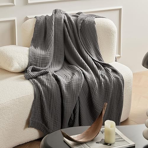 AMWAN Dark Gray 100% Cotton 4 Layer Muslin Blankets for Adults, Muslin Throw Comfy Blanket for Fall, Soft Breathable Warm Blanket for Bedroom, Living Room, Couch Cover Blanket (60"x80")
