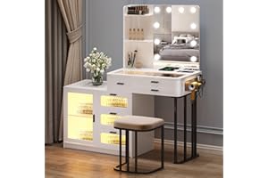 DYSTLER Vanity Makeup Set with Mirror Lights: White Dressing Table with 6 Drawers/Large Storage - Vanity Makeup Table with 3 Colors Adjustable Lighting Brightness & Charging Station for Girls/Women