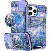 Buleens for iPhone 13 Pro Max Case - with Ring Stand & Camera Cover Cute Designed for Women Girls Girly Pretty Blue Water Lily for Phone Case for iPhone 13 Pro Max Compatible with Magsafe