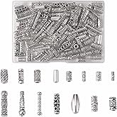 BEEFLYING 150pcs 15 Style Antique Silver Tibetan Spacer Hollow Tube Beads Large Hole Alloy Charms Metal Loose Column Spacer Beads for DIY Bracelet Necklace Jewelry Making
