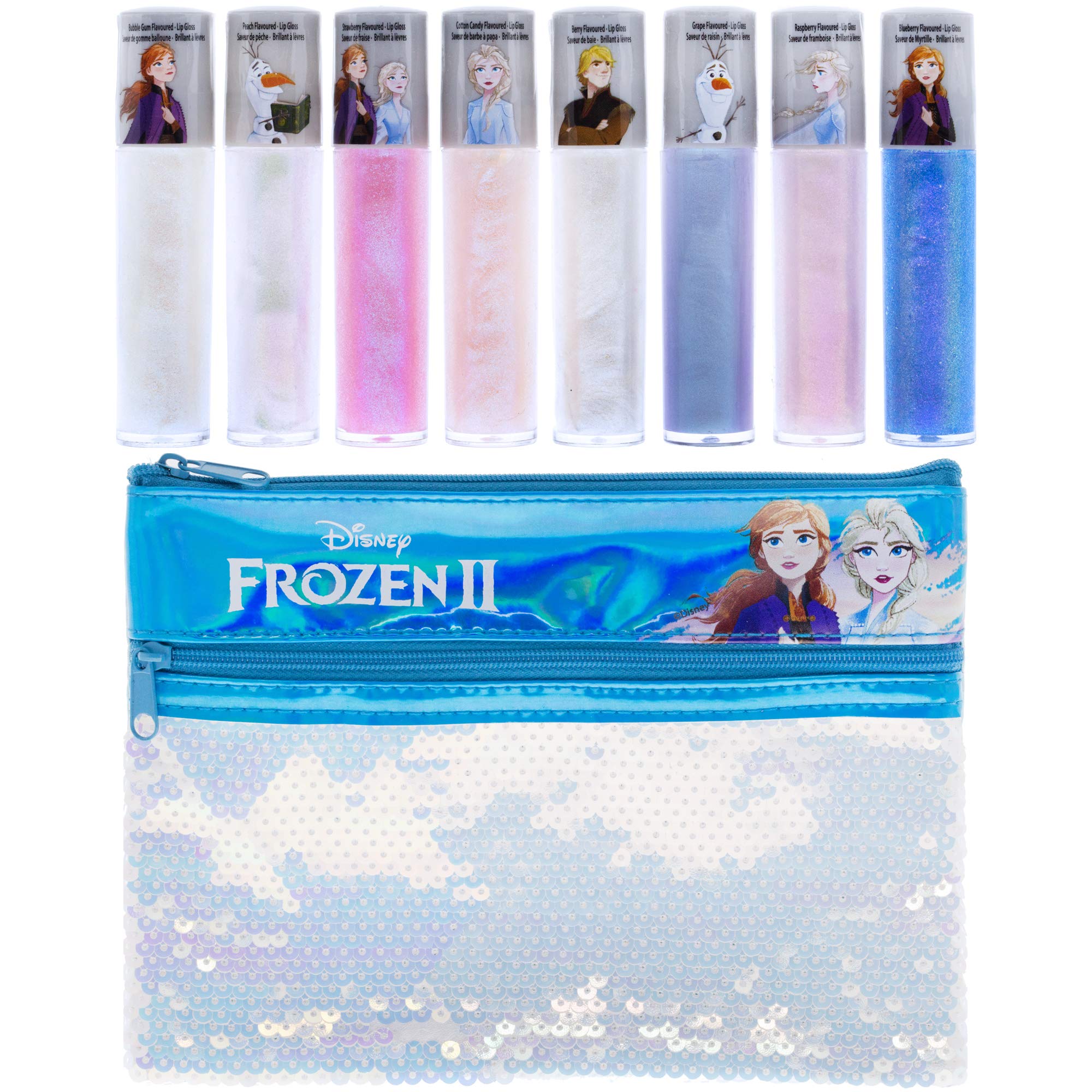 Townley Girl Disney Frozen 2 Anna and Elsa Lip Gloss Set with Sequin Bag, Ages 3+ (9 Pcs)