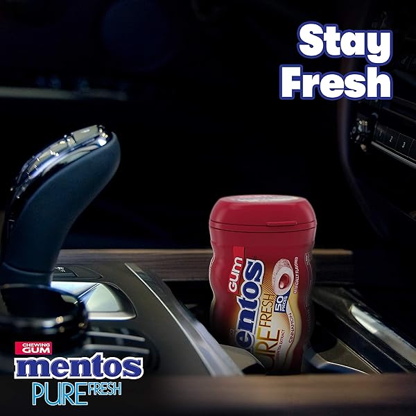 MENTOS PURE FRESH SUGAR-FREE CHEWING GUM WITH XYLITOL, CINNAMON, NON MELTING, 50 PIECE BOTTLE