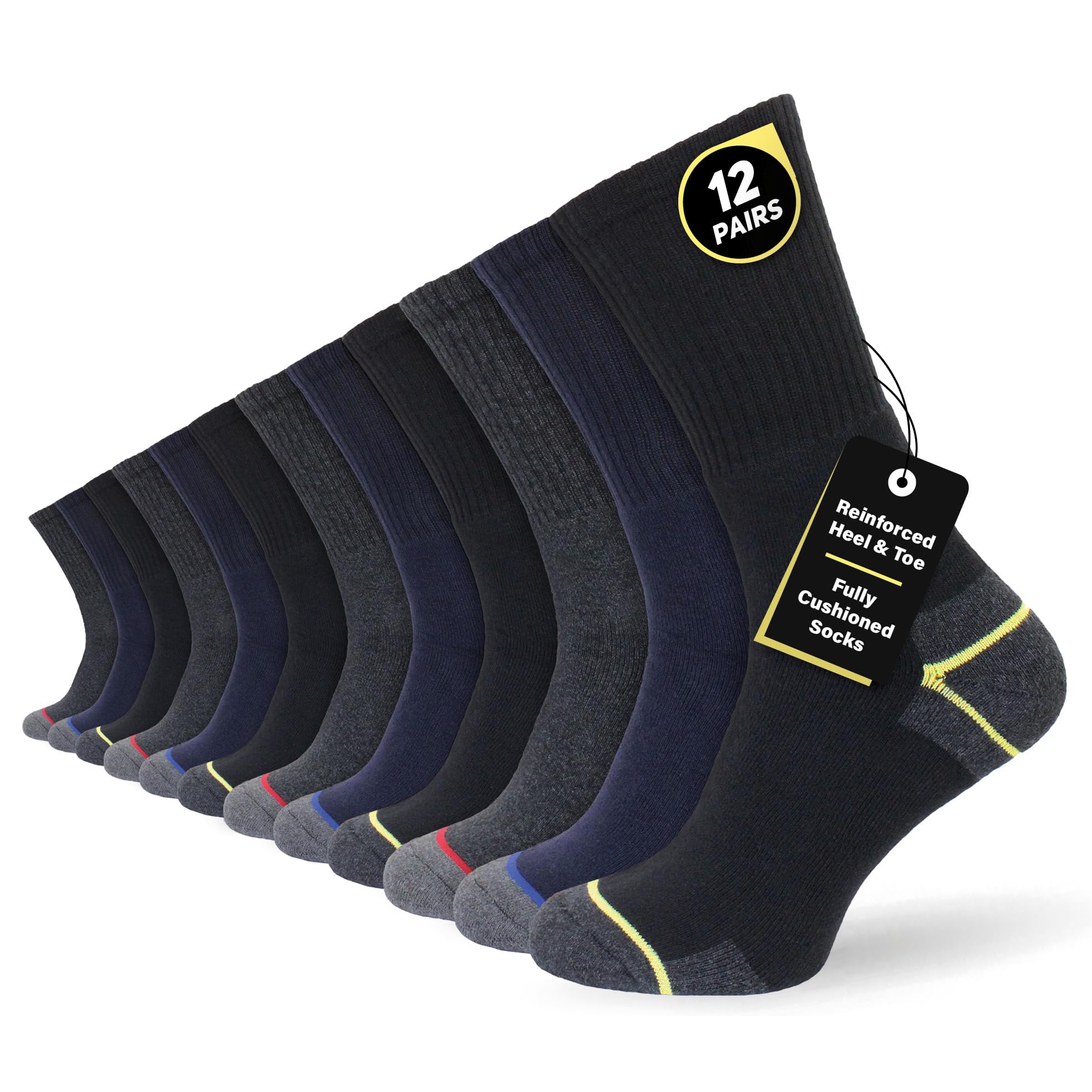 Socksmad Men’s Work Boot Socks 12 Pack Thick Cushioned with Padded Sole Durable Heavy Duty Footwear for Steel Toe Boots Moisture Wicking Comfortable Fit for Builders Mechanics Engineers