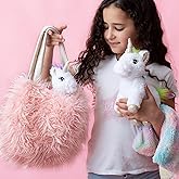 Perfectto Design Unicorn Toy for Girls Age 3, 4, 5. 4 PCS Set - Mommy Baby Stuffed Animal, Bag and a Doll Blanket. Unicorn Gift for 3-6 Year Old Girl Birthday or Christmas. (White Rainbow)