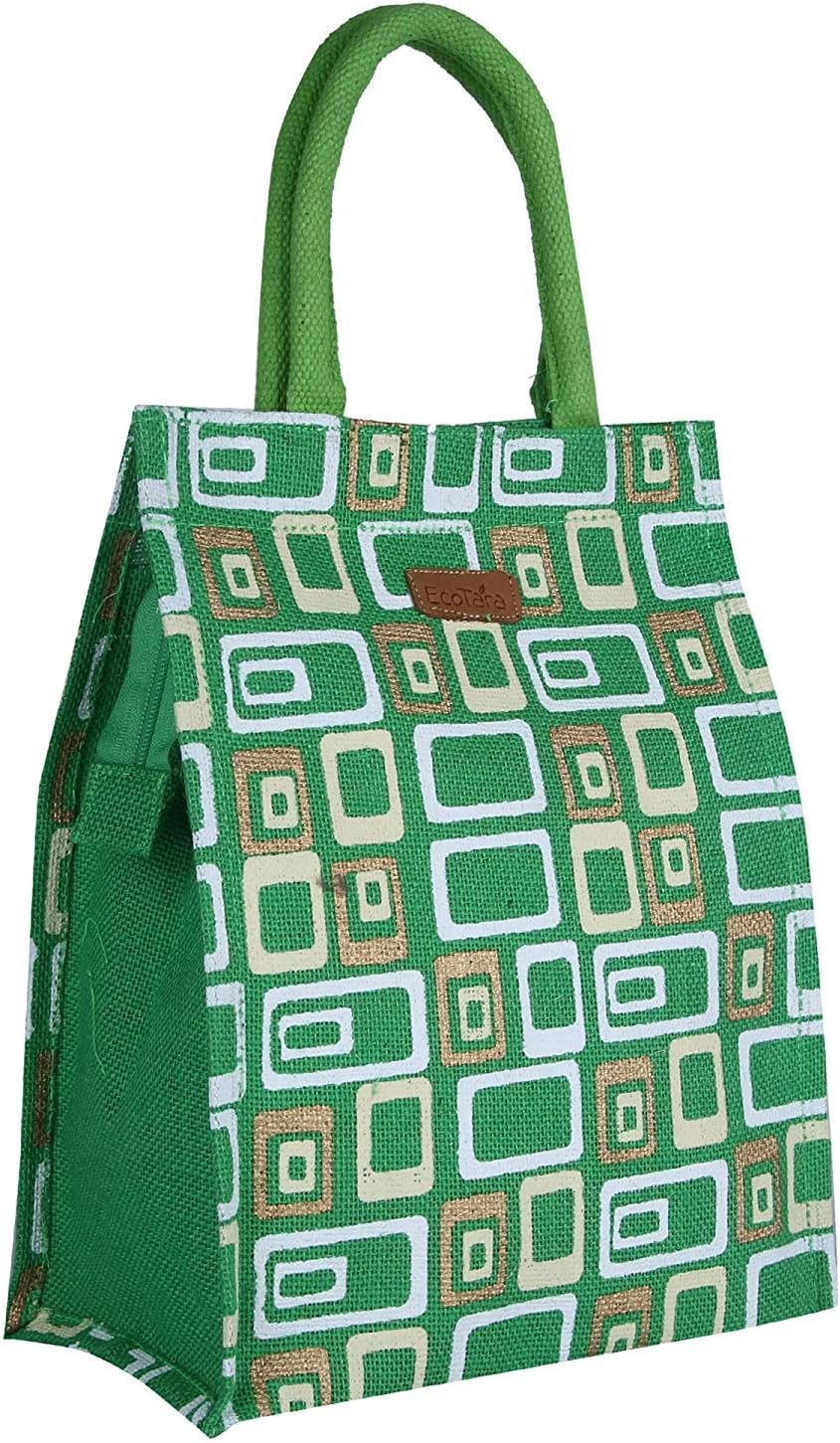 Women's Unique 3 Color Print Golden Glaze Jute Lunch Bag with Bottle holder - Lime Green