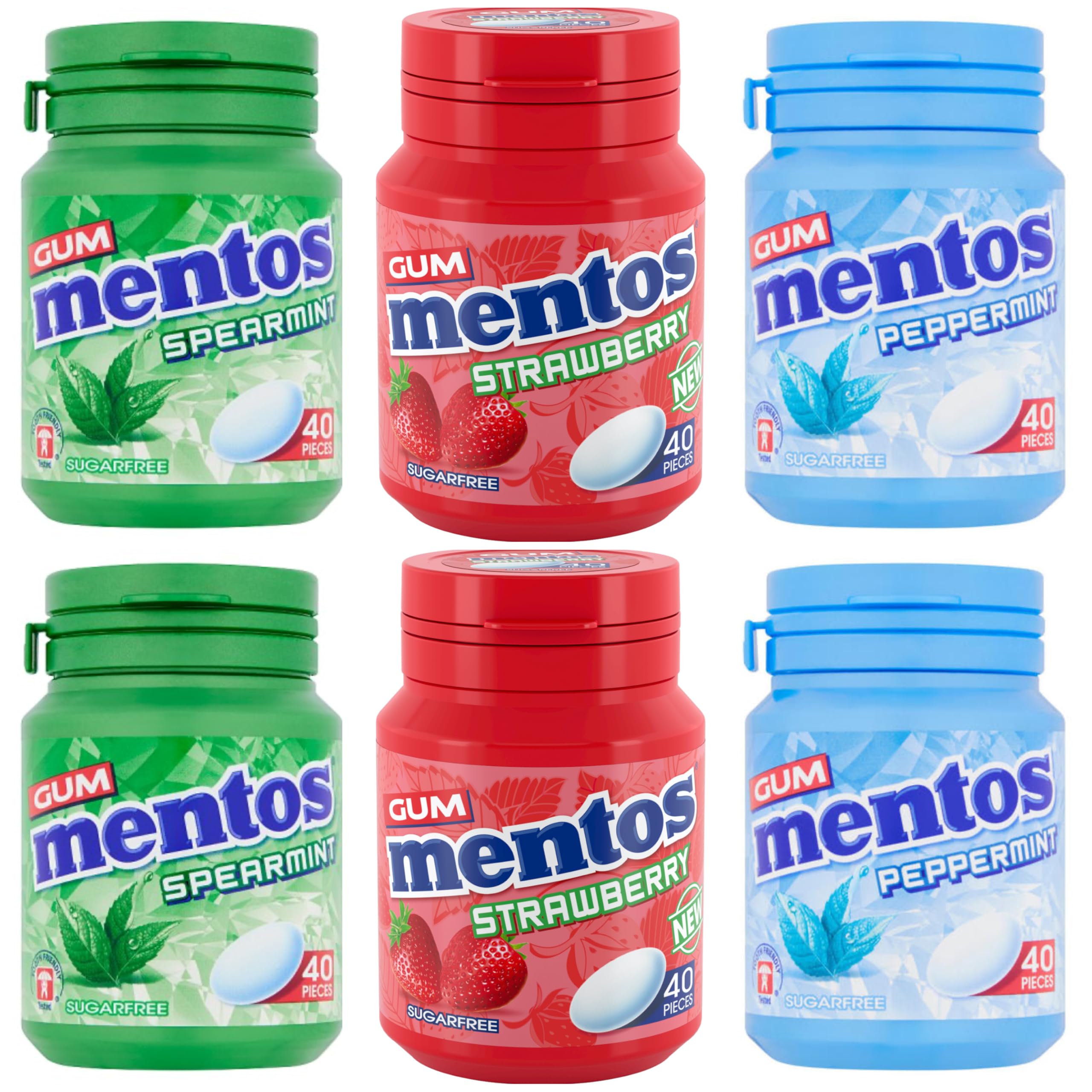 Mentos Sugar Free Chewing Gum 6 Pot Set Bundle 2 x NEW Strawberry, 2 x Spearmint, 2 x Peppermint, 40 pieces per tub Great Chewy Selection