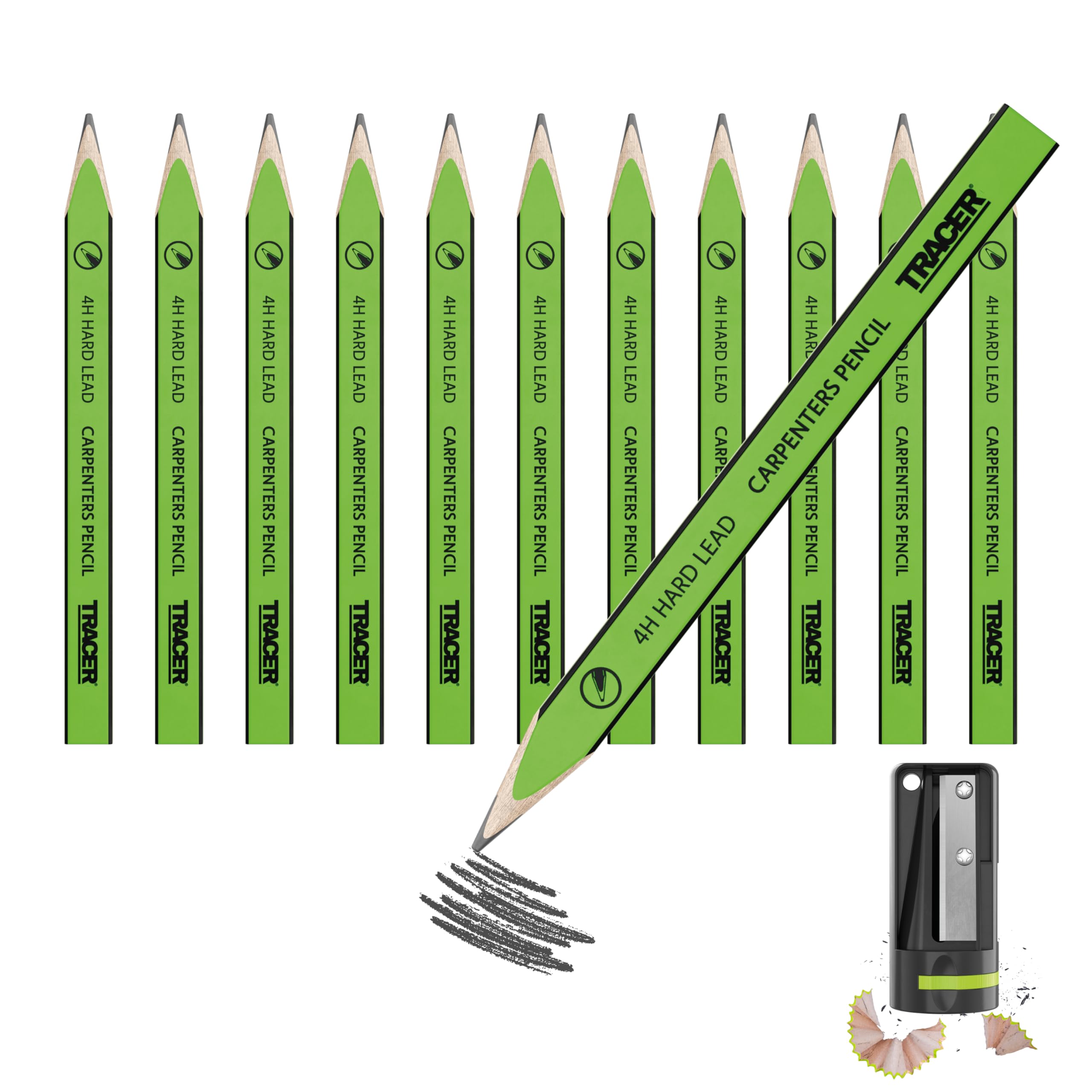 Tracer 4H Carpenters Pencils (Hard Lead) 12 Pack with Sharpener. Carpenters Pencil x 12
