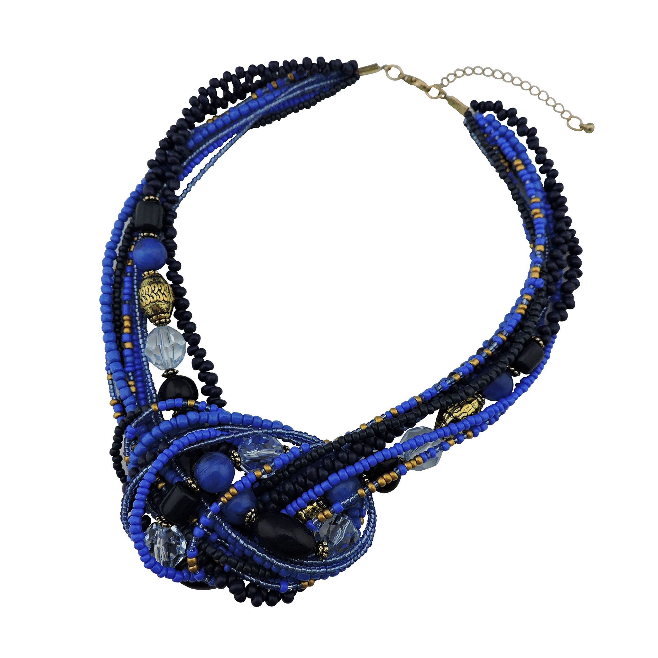 BOCAR Aquamarine Seed Beads Antique Gold Multilayer Statement Collar Necklace (NK-10345-Blue)