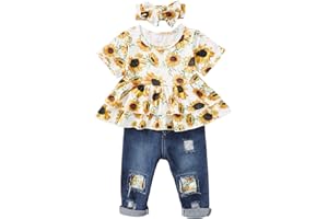 XUANHAO Baby Girl Clothes 12 18 24 Months Outfits For Infant Toddler Denim Girls' Clothing Ruffle Top Ripped Jeans Pant Sets
