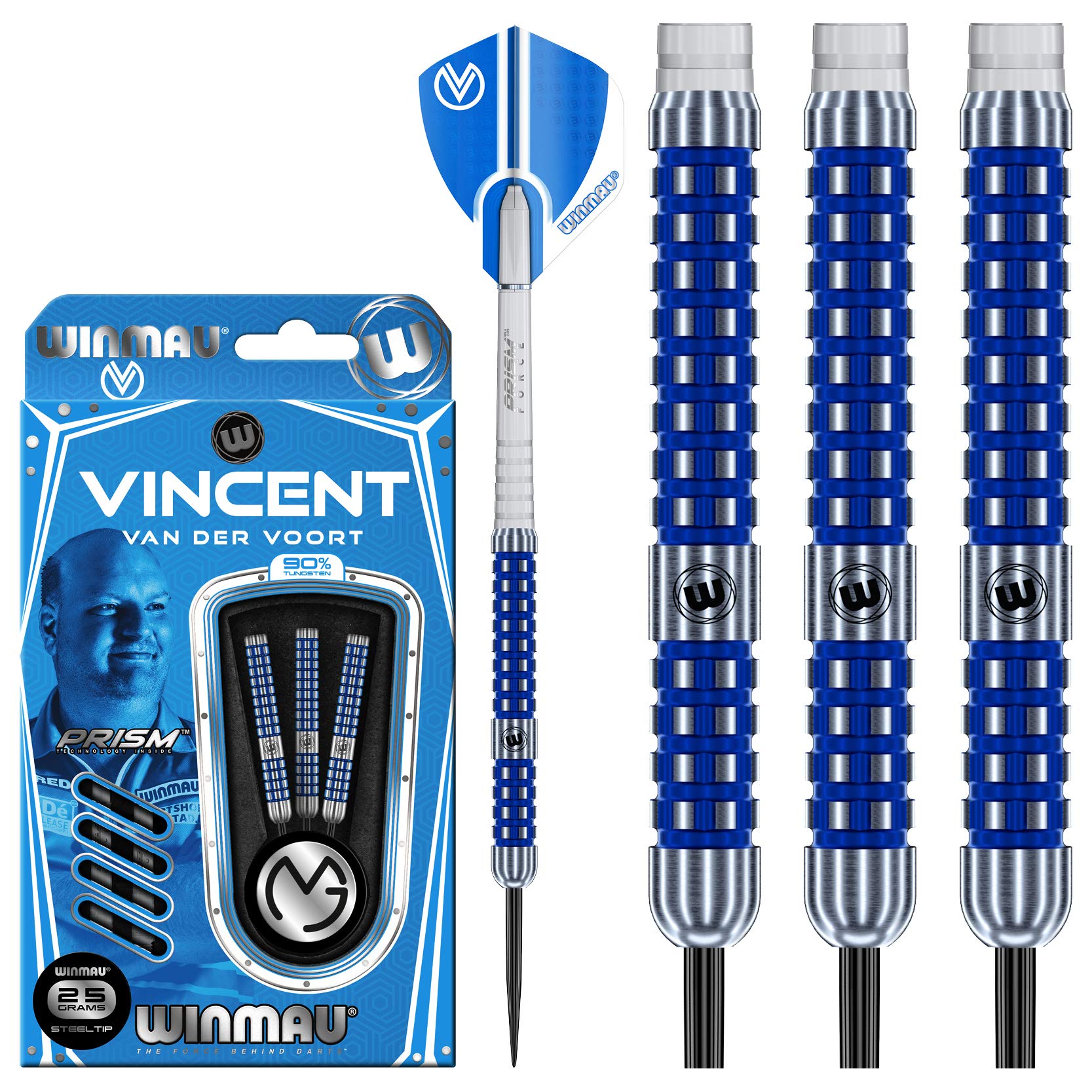 WINMAU Vincent Van Der Voort Tungsten Steeltip Darts Set 25g with Prism Flights and Shafts (Stems)