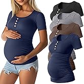 Sweetyweee 4 Pack Womens Maternity Shirts Scoop Neck Cotton Short Sleeve Ribbed Pregnancy Top Henley Side Ruched Mama Clothes