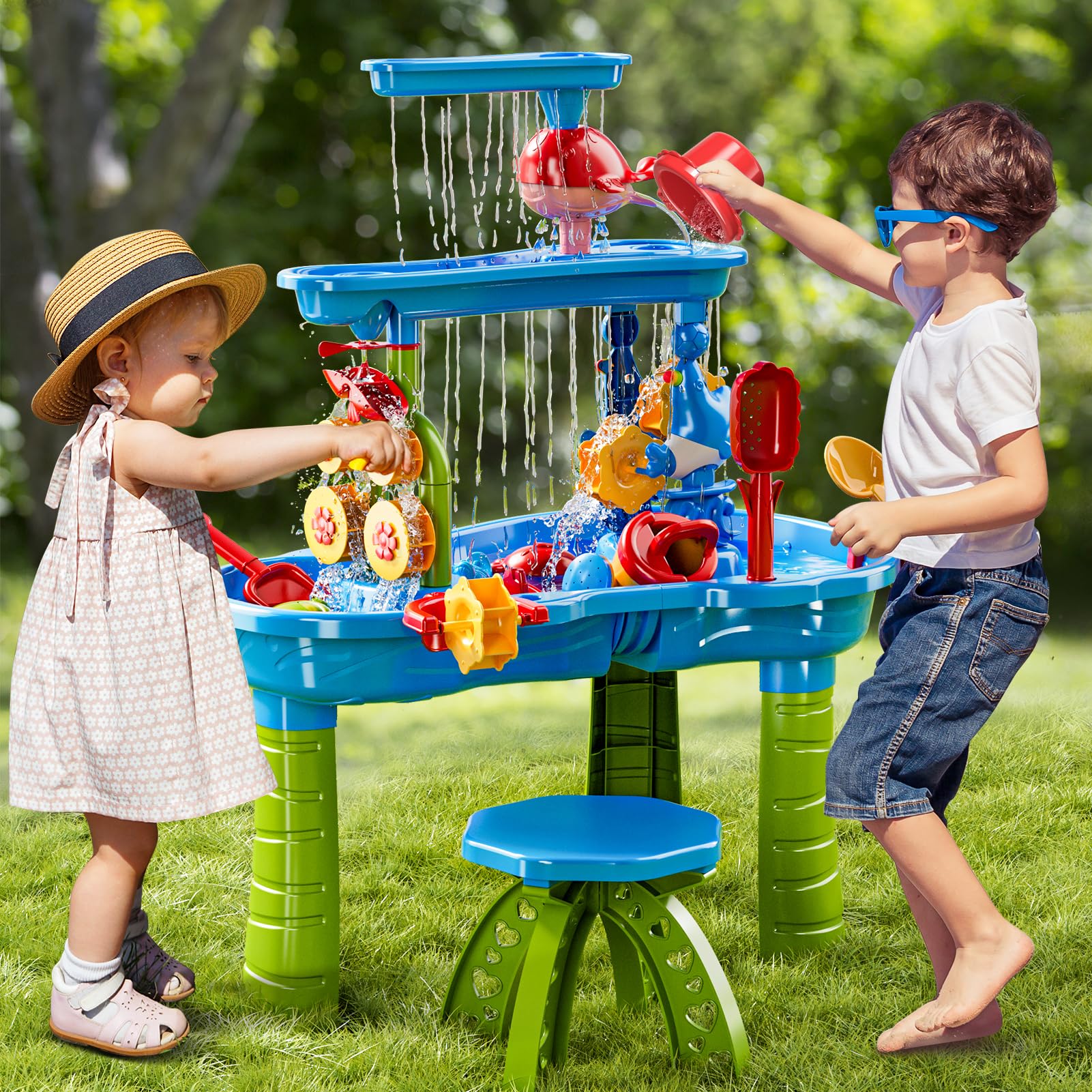 BLmukce 3-Tier Sand and Water Table for Kids Toddlers Ages 2 3+ 4-8 with Chair, Outdoor Summer Beach Sensory Play Activity Toys, Water Pool Table, Birthday Gifts for Boys Girls