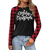 Merry Christmas Shirts for Women Christmas Tree T-Shirt Xmas Light Tee Shirt Buffalo Plaid Long Sleeve Tops