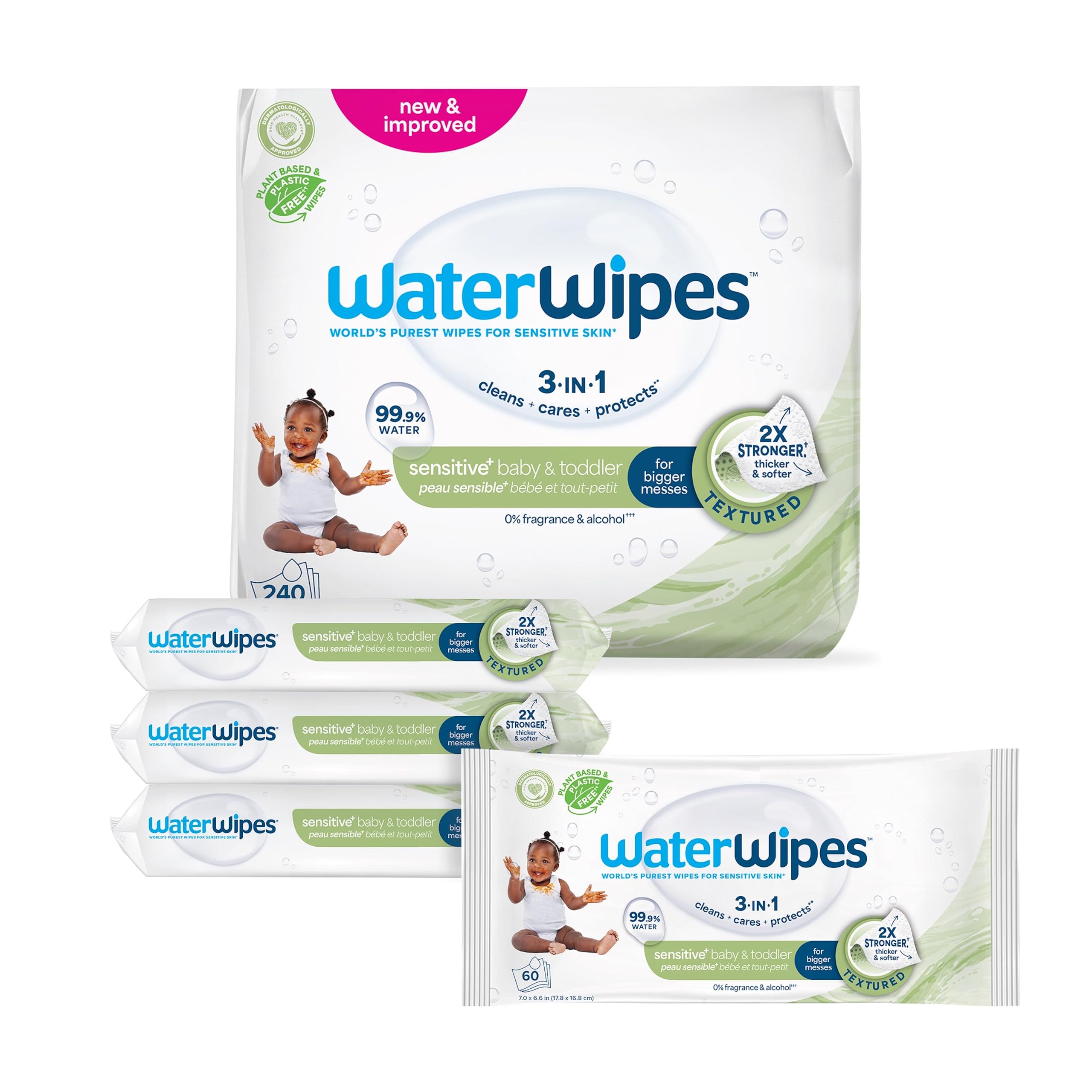 Photo 1 of WaterWipes Textured Clean, Toddler & Baby Wipes, 99.9% Water, 3-In-1 Cleans, Cares, Protects, Unscented & Hypoallergenic, 240 Count (4 Packs), Packaging May Vary