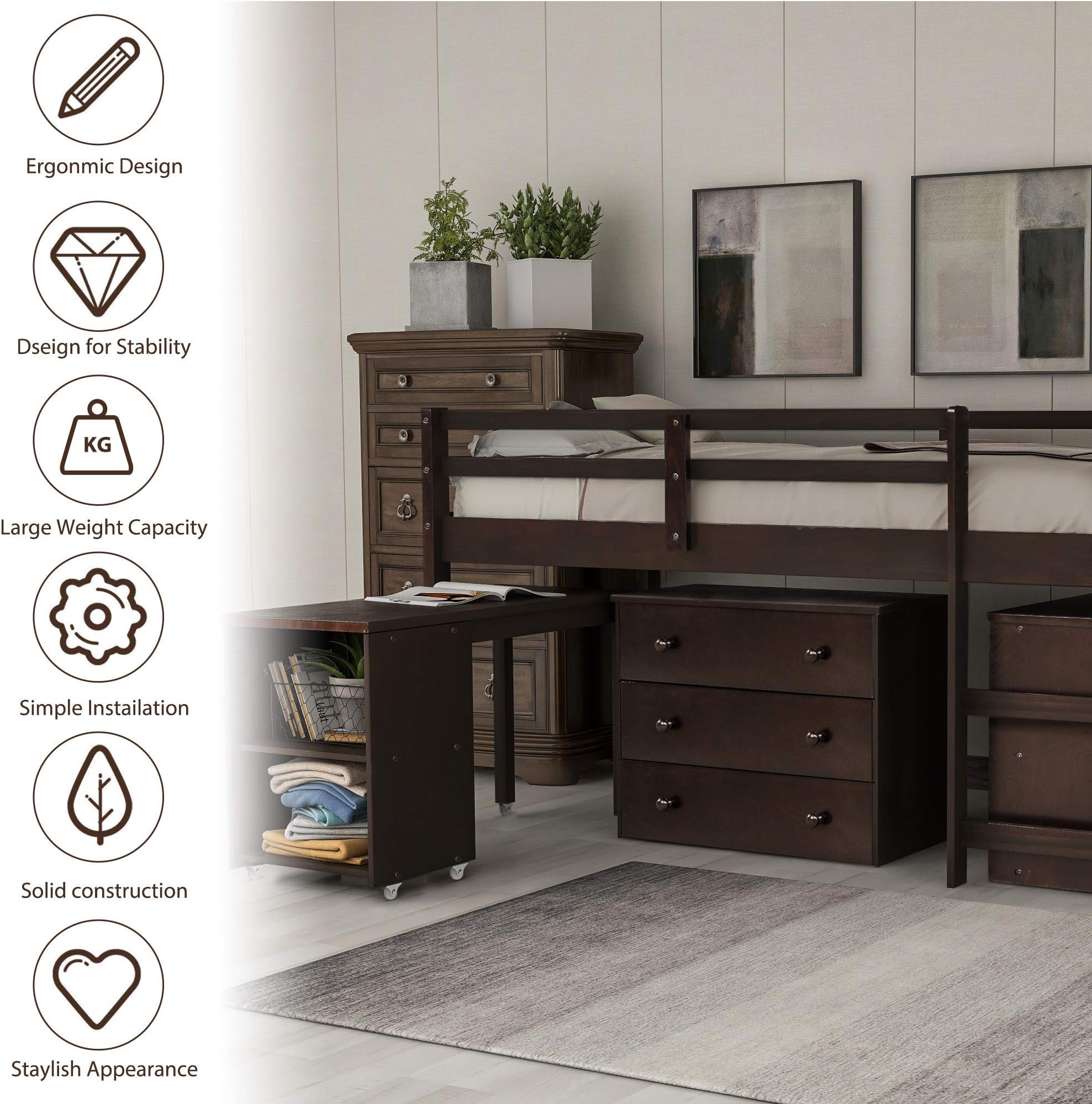 Twin Loft Bed with Cabinet and Rolling Desk for Children (Espresso)