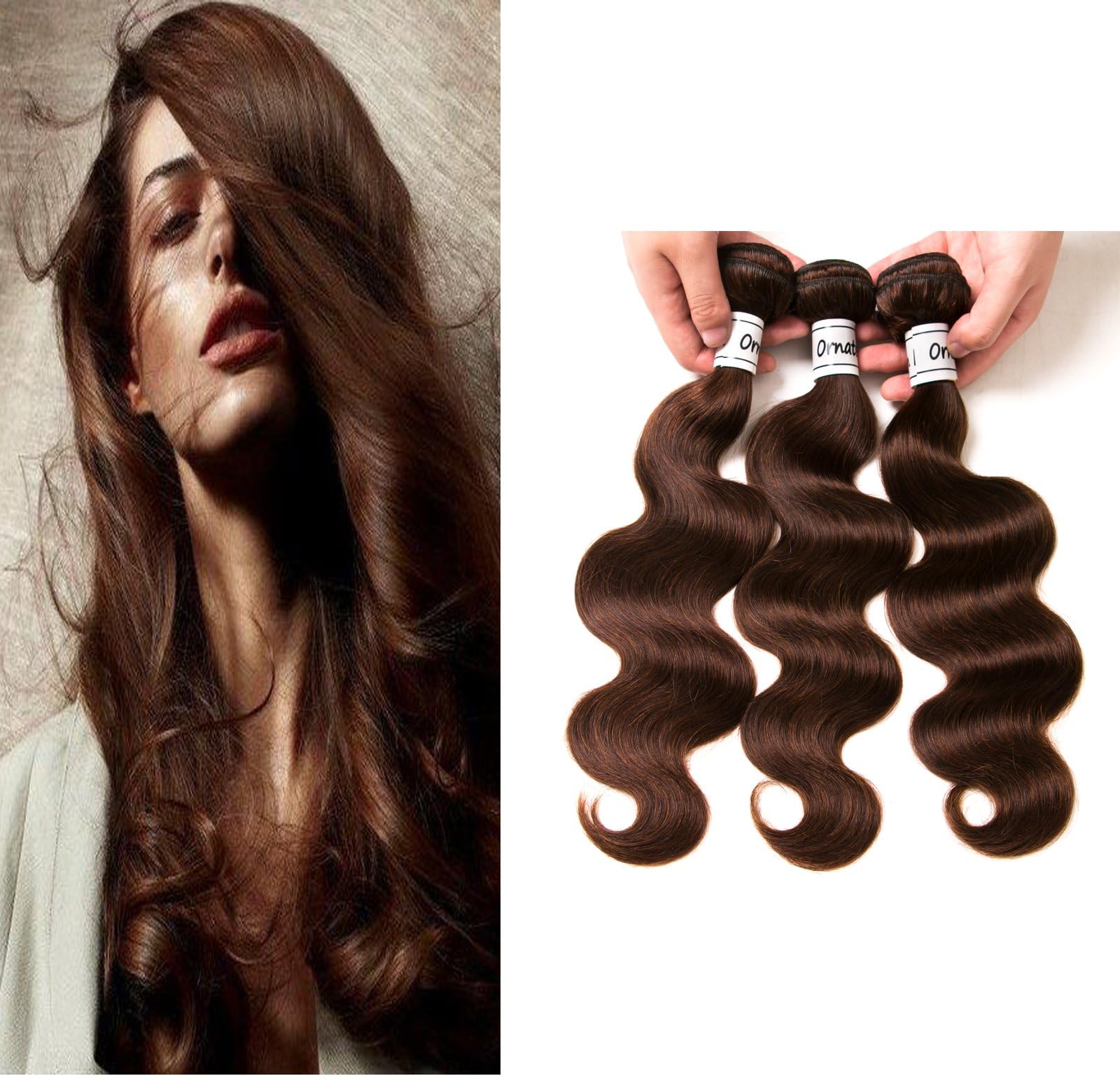 Ornate Hair 8A Grade Virgin Brazilian Body Wave Hair 3 Bundles 100g/bundle 100% Unprocessed Remy Human Hair Weave Extensions #4 Light Brown Full Head (8 10 12inch)