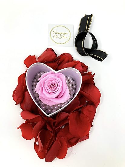 Champagne Et Fleur Real Forever Flower Preserved Rose In A Heart Shape Gift Box With Underlying Pearls Best Valentines Gift For Her Pink