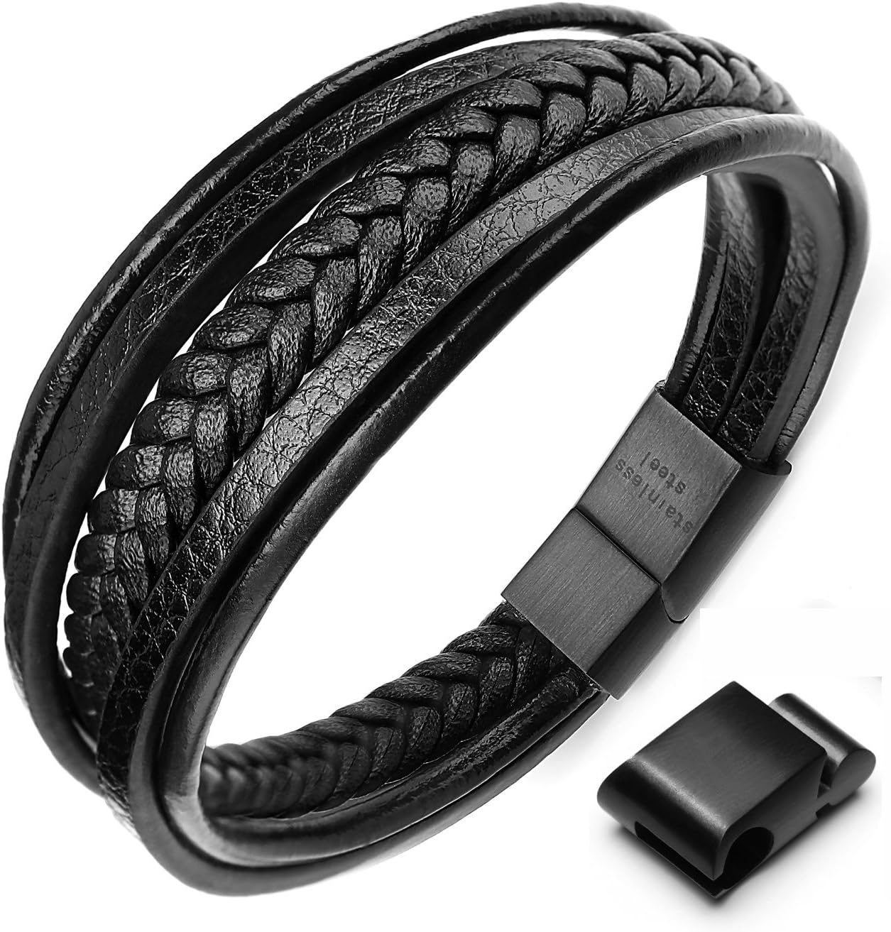 XIKEO Leather Bracelet for Men, Mens Leather Bracelet Cowhide Braided Multi-Layer Wrap Mens Bracelet
