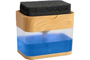 S&T INC. Dish Soap Dispenser and Sponge Holder for Kitchen Sink, Waterproof Labels and Sponge Included, 13 Ounces, Plastic, Bamboo