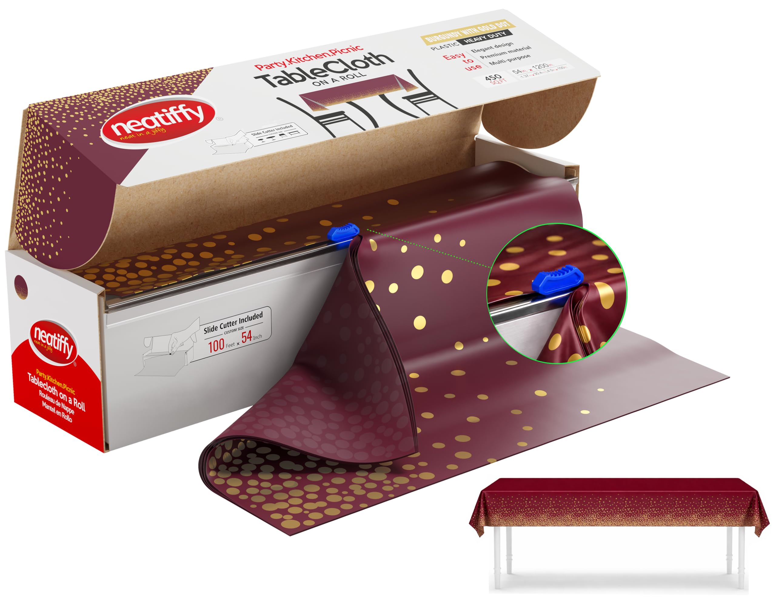 Neatiffy Disposable Plastic Table Cloth Roll, Party/Banquet Table Cover, Tablecloths for Rectangle/Round/Square Tables, Equals to 12 Picnic Pack (Burgundy Gold Dot)