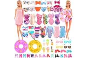 ENOCHT Lot 26 Pack Doll Clothes and Accessories Beach Bathing Set Including 5 Swimsuit 1 Bathrobe 2 Swimming Rings with 18 pcs Glasses Shoes Drinks for 11.5 inch Girl Dolls