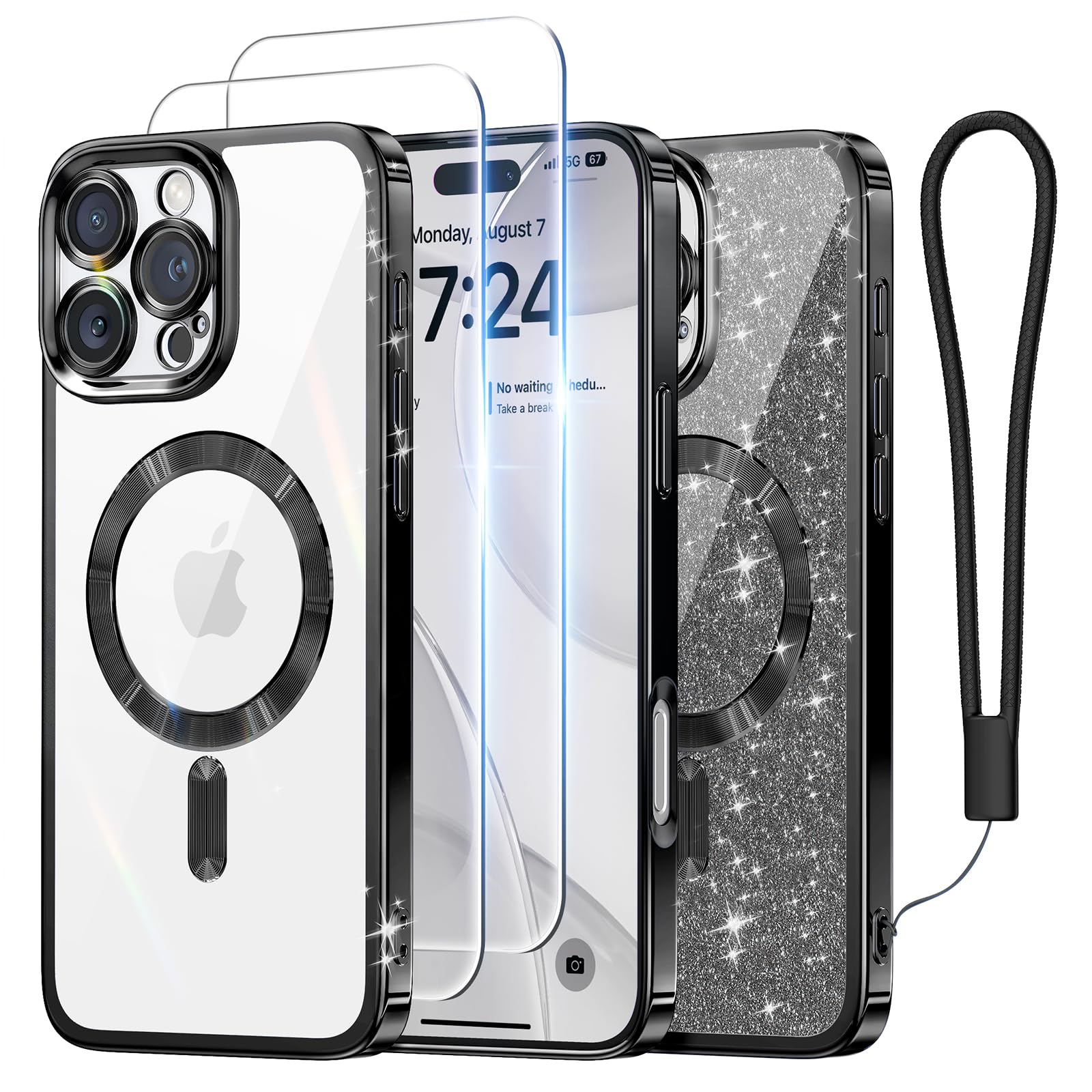 Meifigno Candy Series Case Designed for iPhone 16 Pro, [Compatible with MagSafe] [2X Screen Protectors] [Glitter Card & Wrist Strap] Full Camera Protection Designed for iPhone 16 Pro Case, Black