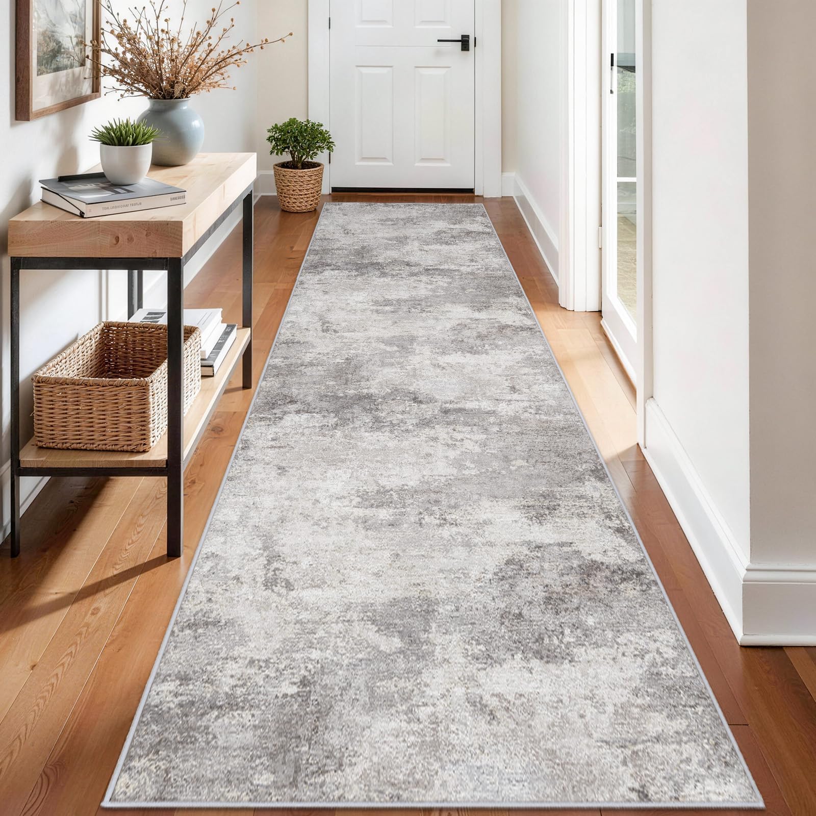 BYYVOO Washable 3x12 Hallway Runner Rug: Washable Non-Slip Carpet for Long Entryways Kitchen Living Room - Abstract Modern Neutral Thin Low Pile Runners 3x12 Grey Image