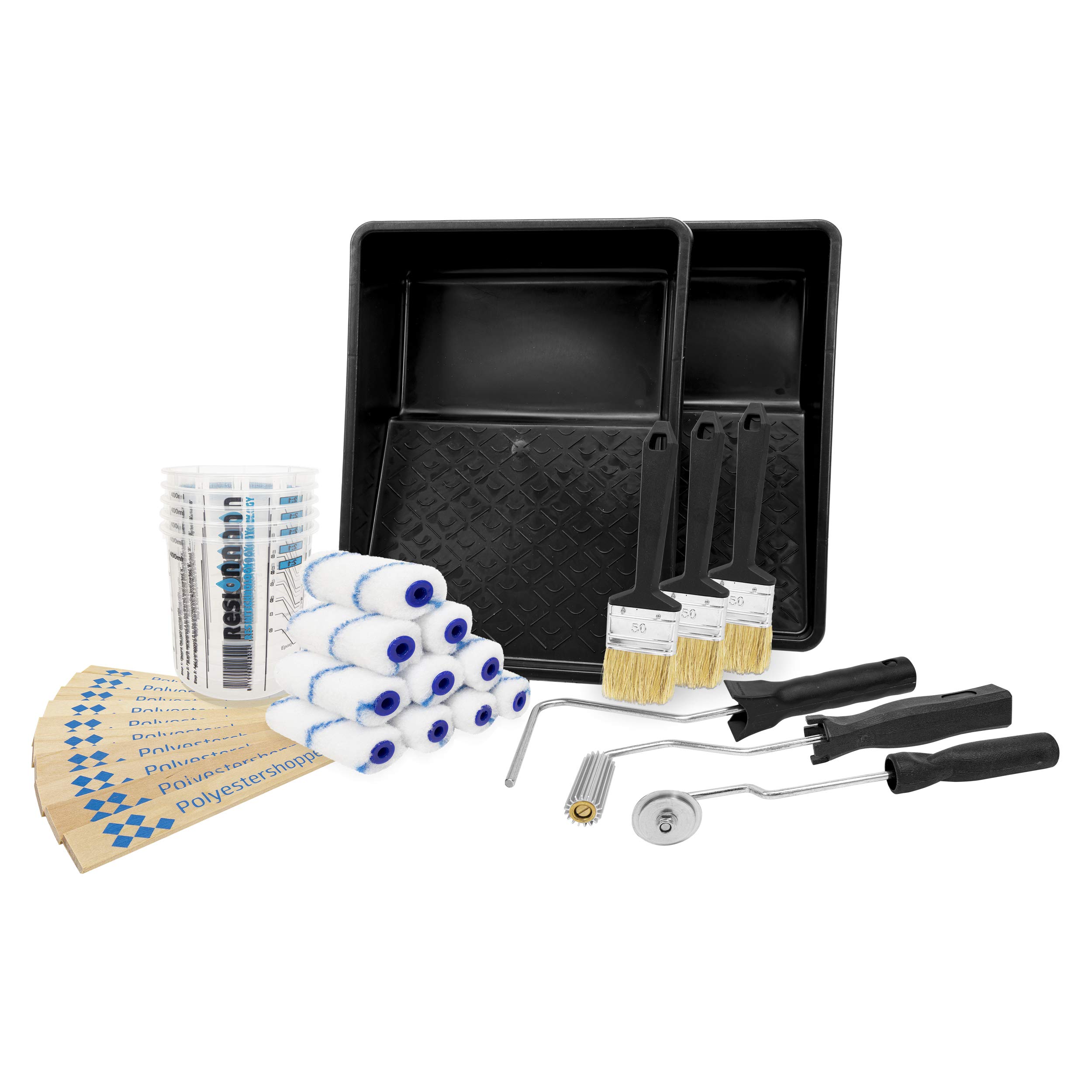 Very Complete Tool Set for Fibre Composites Set deflation Roller | 10 Laminating Rollers | 5 Mixing Cups | 3 Flat Brushes | for fibreglass, Composite Resin, GRP