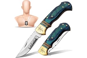 HUNTEX SMITH Huntex 3.25" Folding Pocket Knife, 420HC Blade, Pakka Wood Handle, Brass Lord of the Rings Symbol, EDC Tactical Knife with Gift Locket, Ideal for Camping, Survival, and Gifts (Blue Sheath)