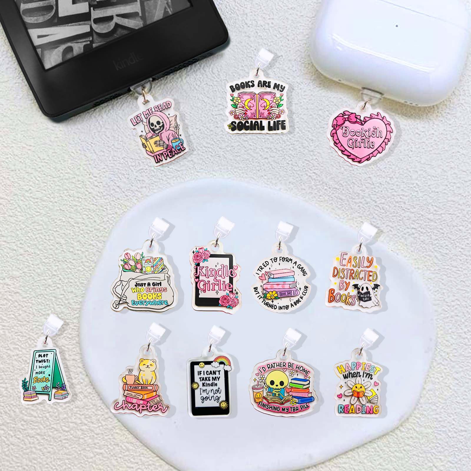 Vozekrod 12PCS Charms for E-Reader – Type C Dust Plug Accessories for Kindle & Tablets, Cute Acrylic Port Protectors, Gift for Book Lovers, Students, Teachers, Friends